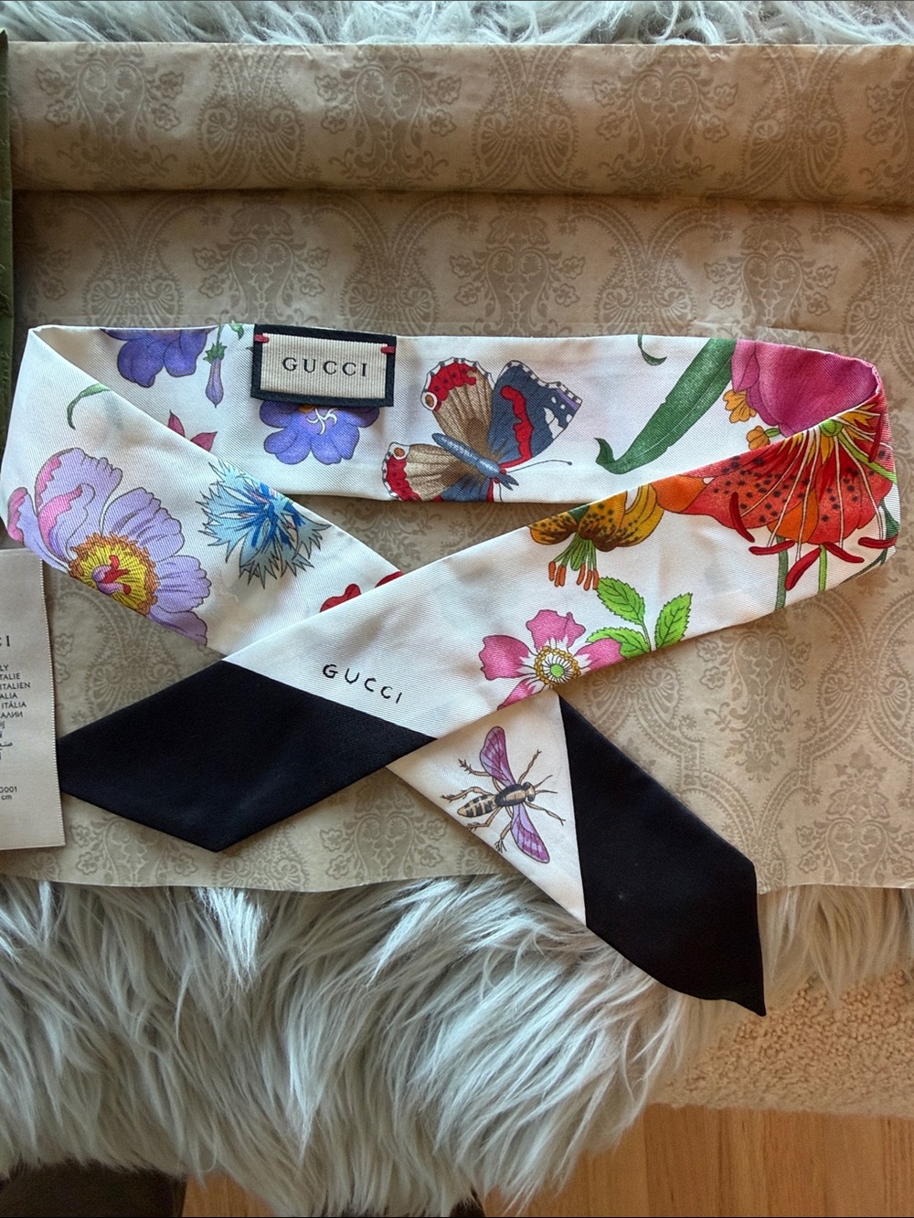 Gucci Floral Silk Scarf Band — White with Red, Pink, Purple and Green Blooms
